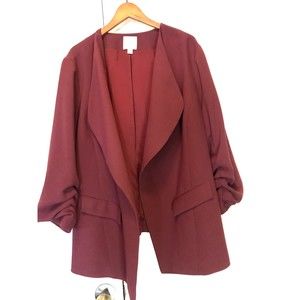 Sejour Nordstrom Open Front Rouch Sleeve Burgundy Blazer Jacket Sz 22W